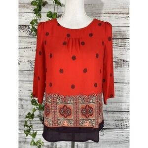 Maeve Anthropologie Blouse size 2 Red Orange Purple Sheer Boho Floral Modest